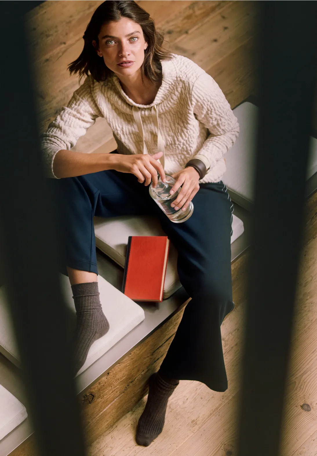 Cecil Jacquard Funnel Neck Shirt - Pearl Beige