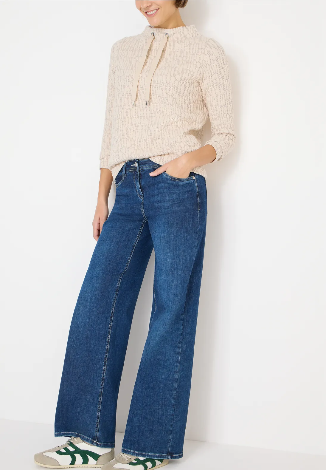 Cecil Jacquard Funnel Neck Shirt - Pearl Beige