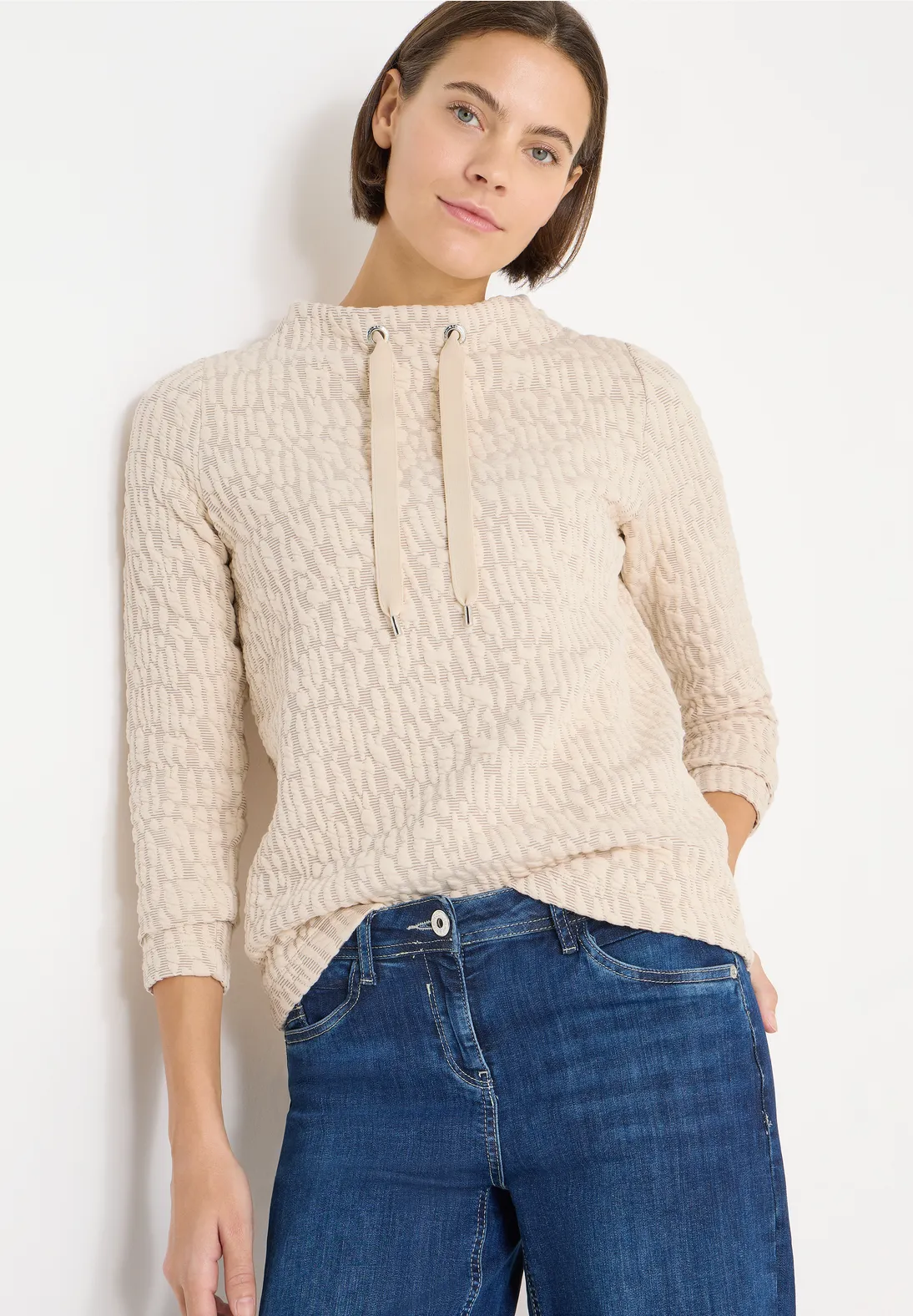 Cecil Jacquard Funnel Hals Shirt - Pearl Beige