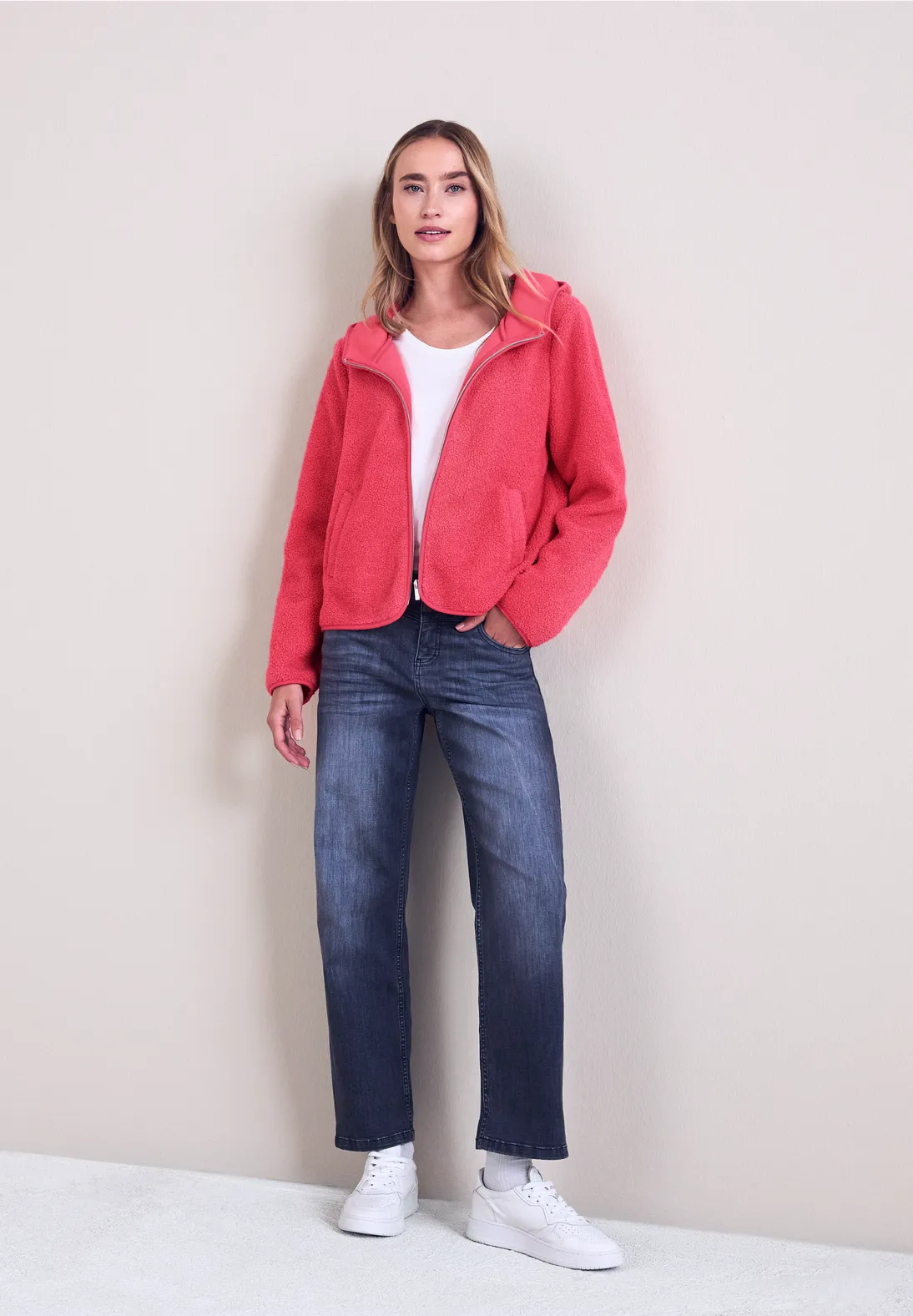 Street One Teddy Jacke mit Kapuze - Striking Coral