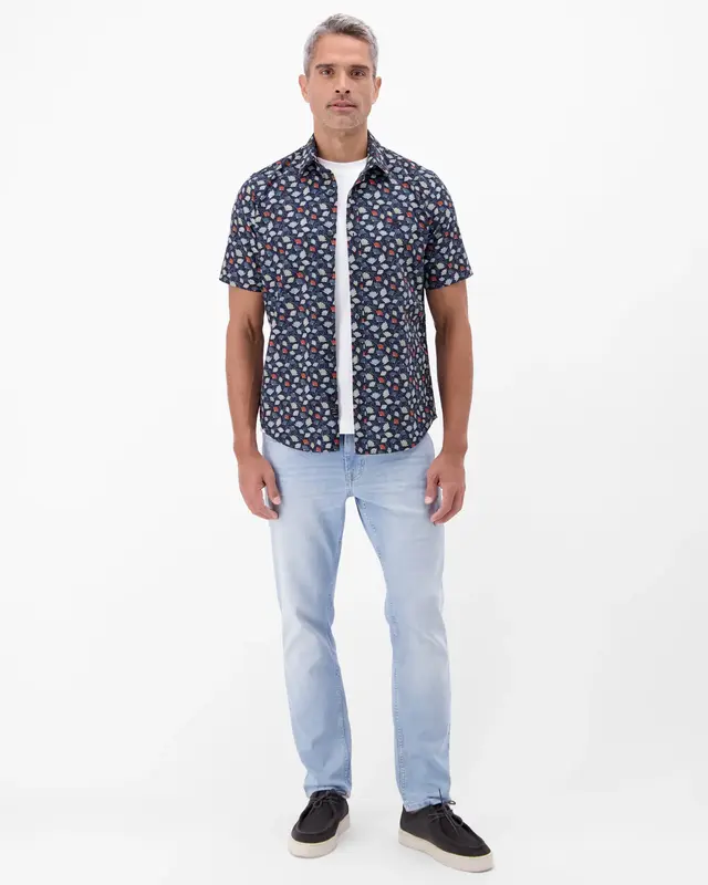 Lerros Korte Mouw Overhemd Bloemenprint - Classic Navy