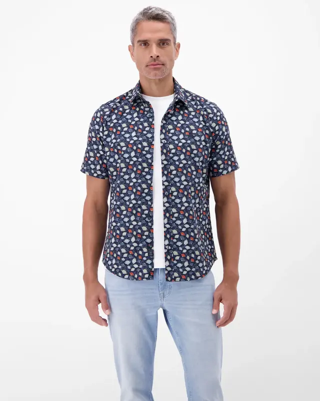 Lerros Korte Mouw Overhemd Bloemenprint - Classic Navy