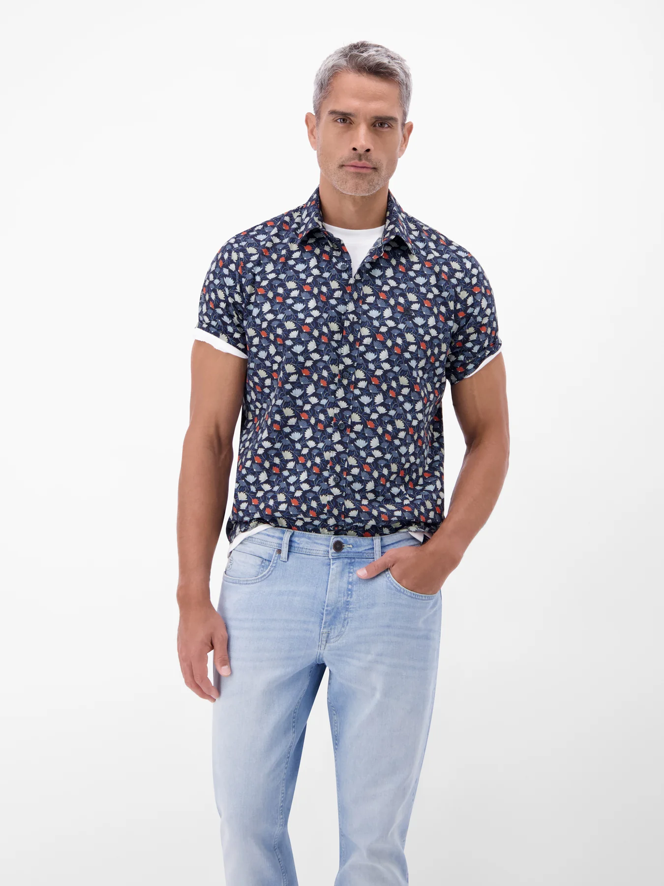 Lerros Kurzarm Hemd Blumenmuster - Classic Navy