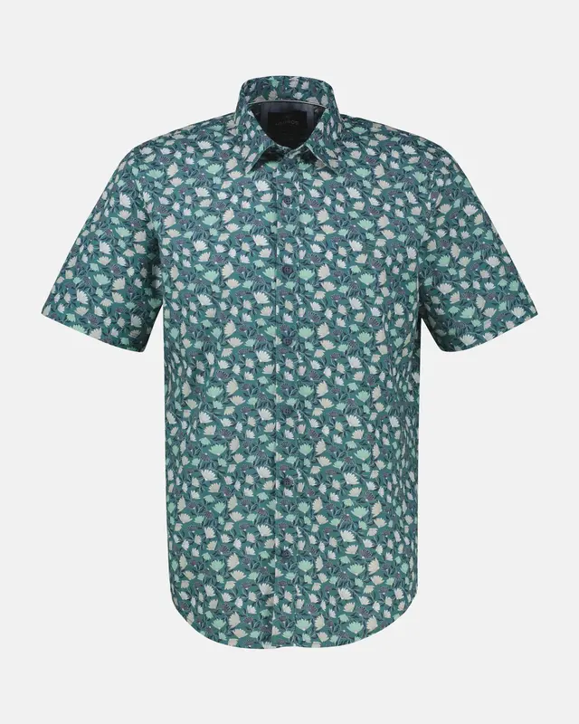 Lerros Korte Mouw Overhemd Bloemenprint - Soft Teal