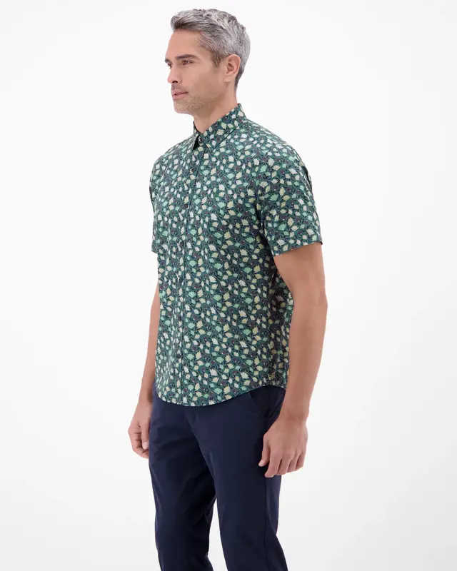 Lerros Korte Mouw Overhemd Bloemenprint - Soft Teal