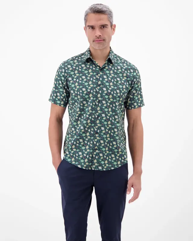 Lerros Korte Mouw Overhemd Bloemenprint - Soft Teal