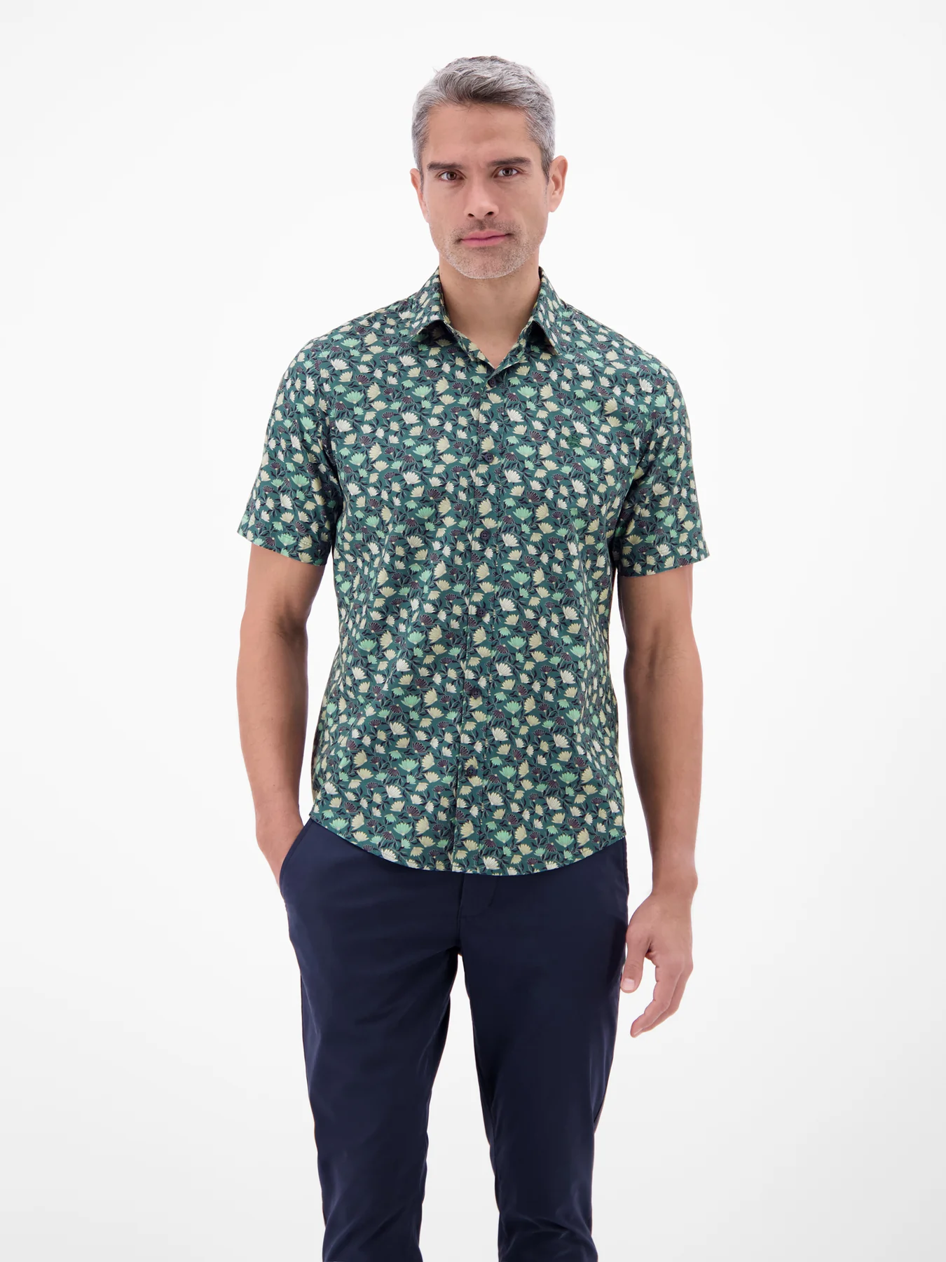 Lerros Korte Mouw Overhemd Bloemenprint - Soft Teal