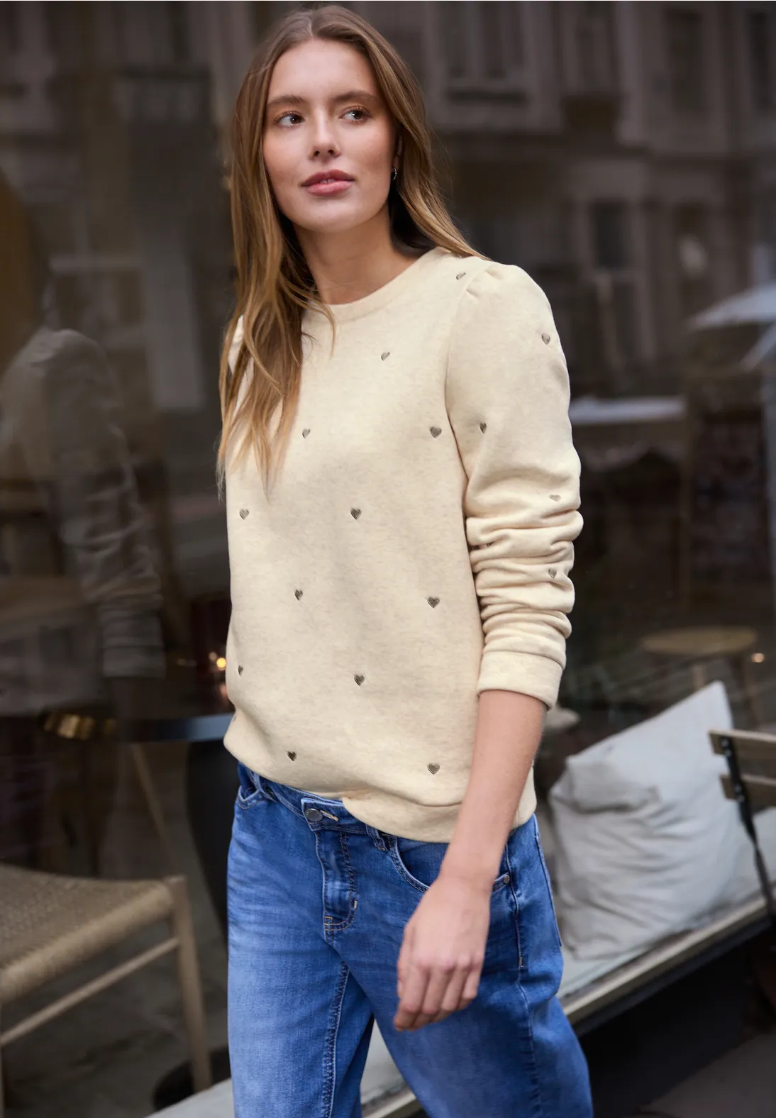 Street One Studio Sweatshirt met Hartjes - Stone Sand Melange