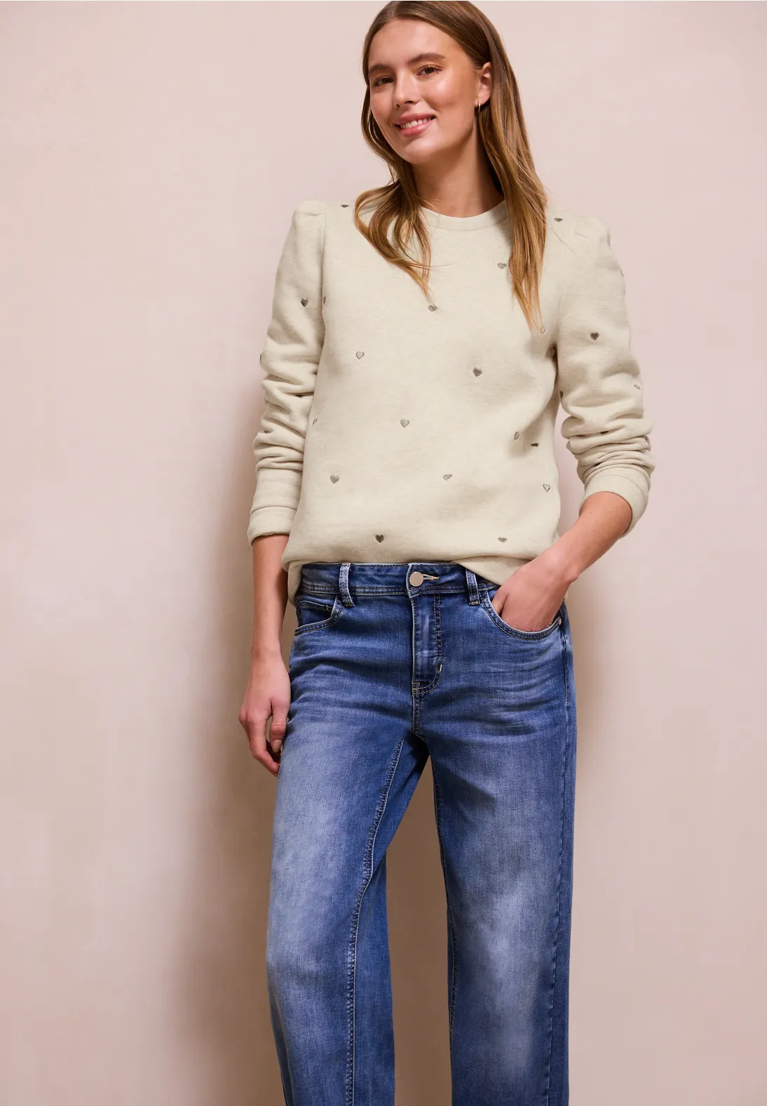 Street One Studio Sweatshirt met Hartjes - Stone Sand Melange