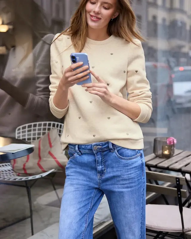 Street One Studio Sweatshirt mit Herzstickerei - Stone Sand Melange