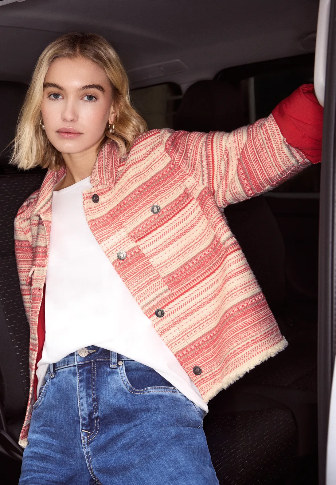 Street One Studio Jacket with Stripes, Bouclé - Torch Red