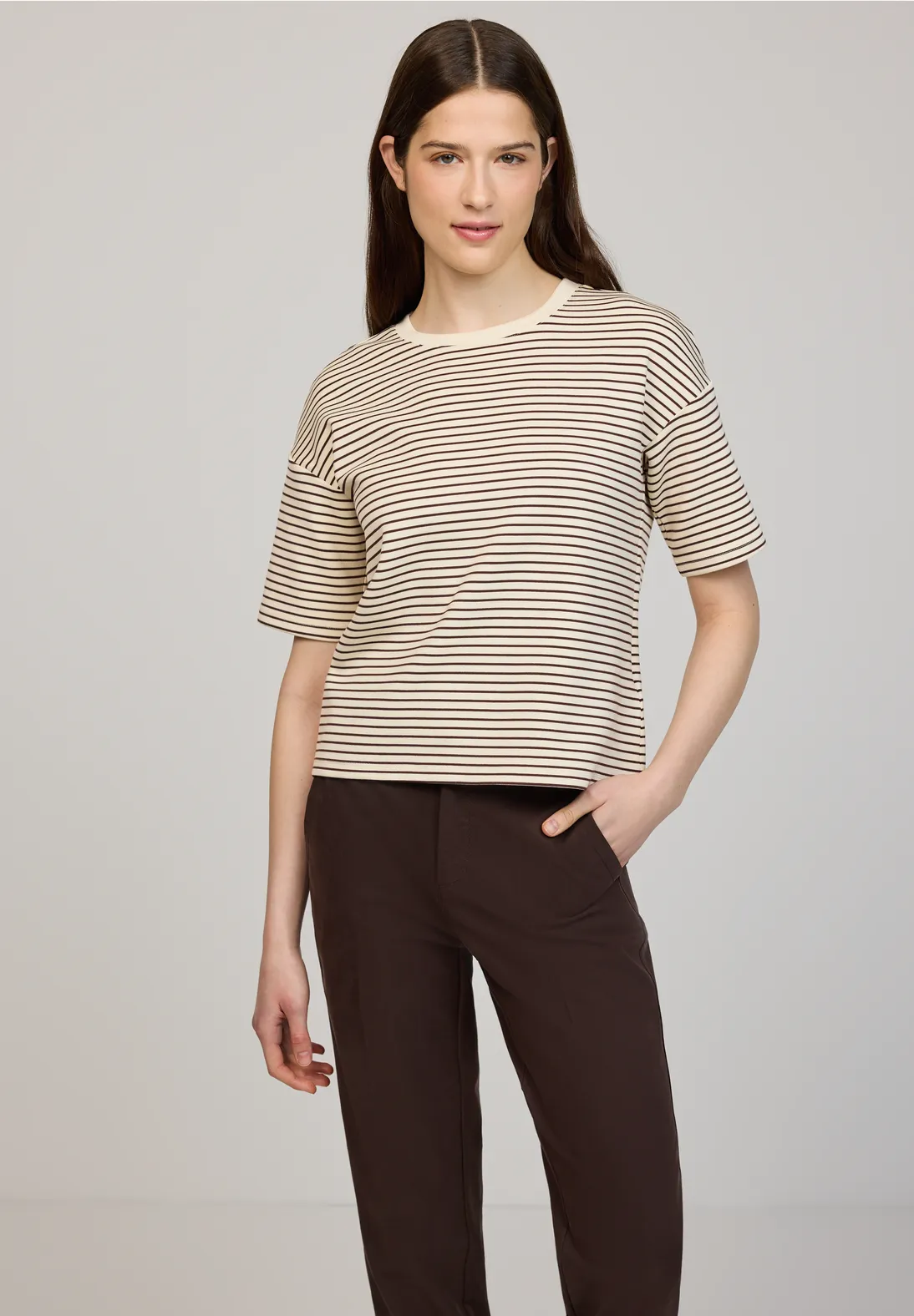 Street One Studio Scuba Shirt with Stripes - Mahogany Brown