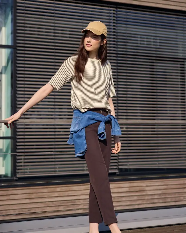 Street One Studio Fijn Gestreept Scuba Shirt - Mahogany Brown