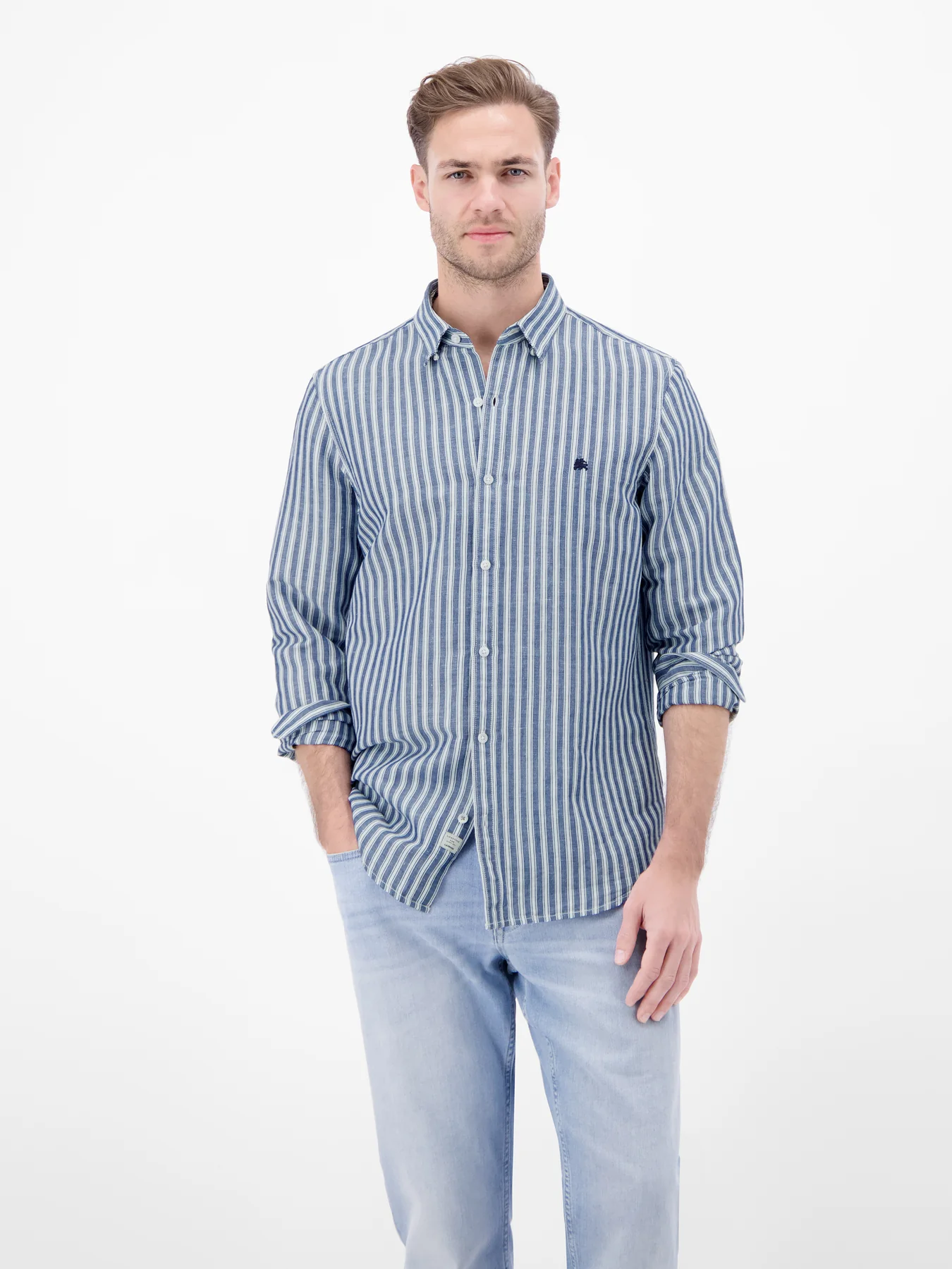 Lerros Linnenmix Streep Overhemd - Classic Navy