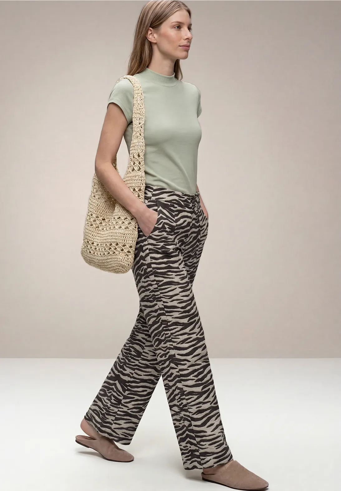 Street One Wide Leg Hose Animal Print - Espresso Brown