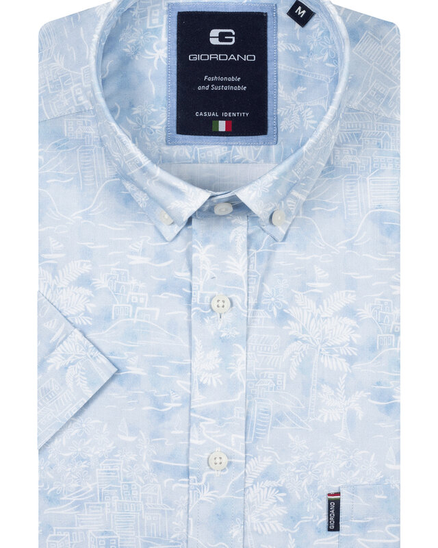 Giordano Island Print Overhemd Korte Mouw - Light Blue