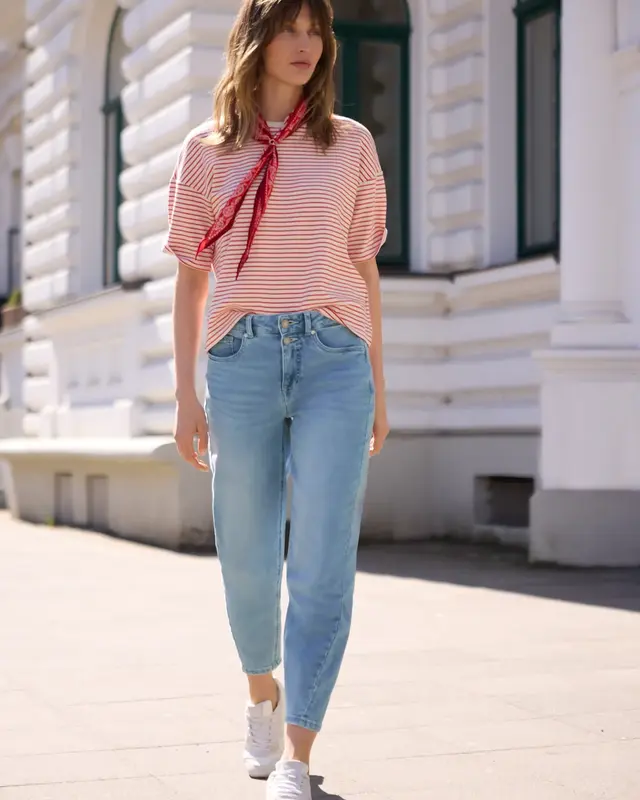 Street One Studio High Waist Barrel Leg Jeans - Mid Blue Wash