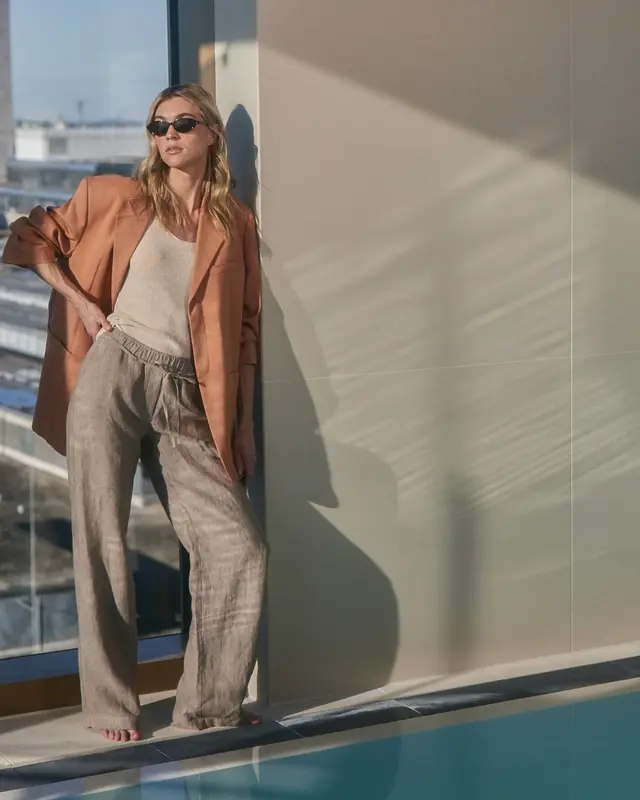 Mac Jeans  Linen Pants Chiara Belt - Sanddrift Melange