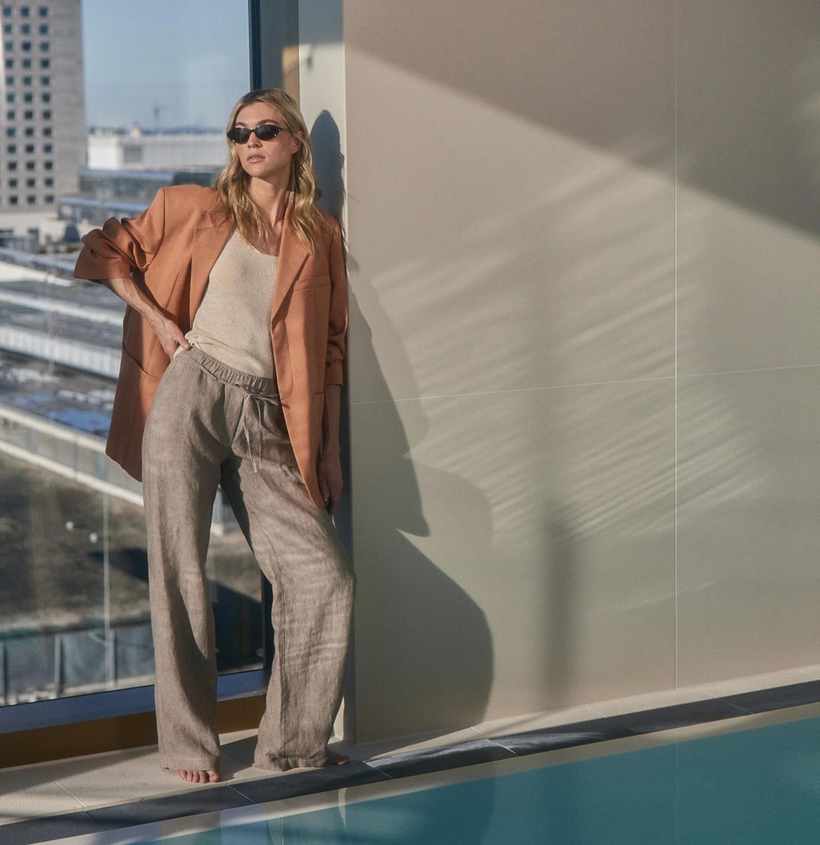 Mac Jeans  Linen Pants Chiara Belt - Sanddrift Melange