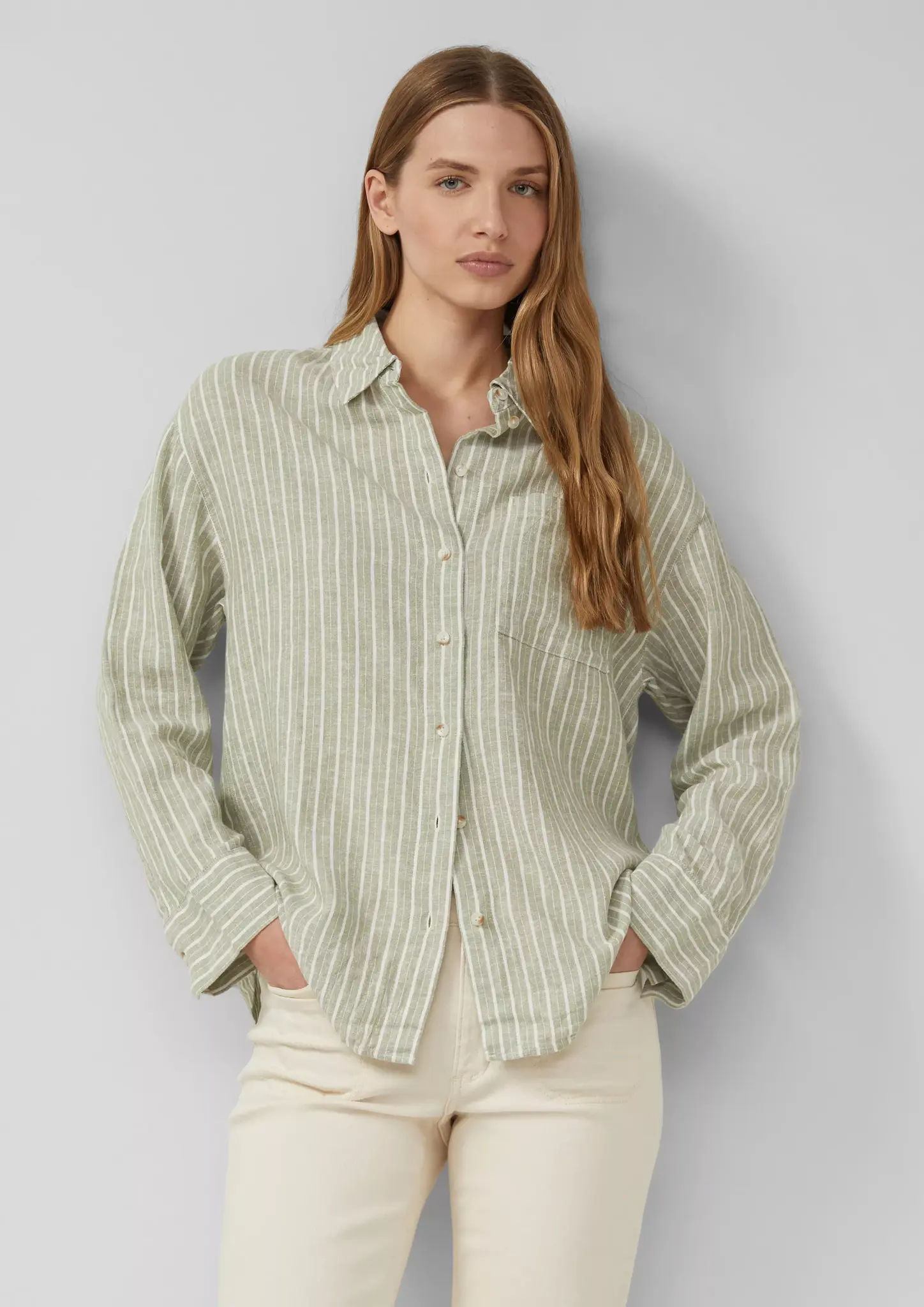 S. Oliver Linenmix Striped Blouse - Olive Green