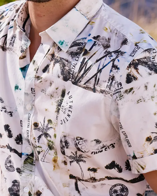 Lerros Stretch Overhemd Hawaiiaanse Stijl - Broken White