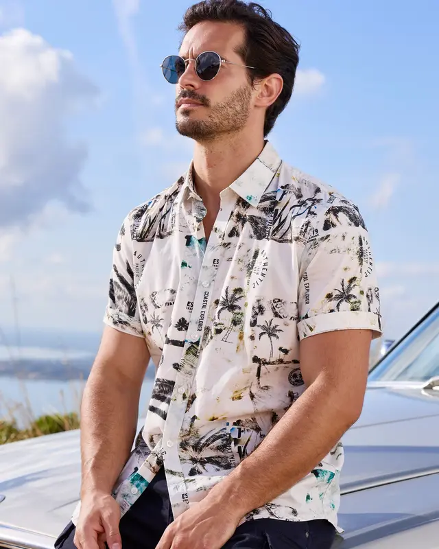 Lerros Stretch Overhemd Hawaiiaanse Stijl - Broken White