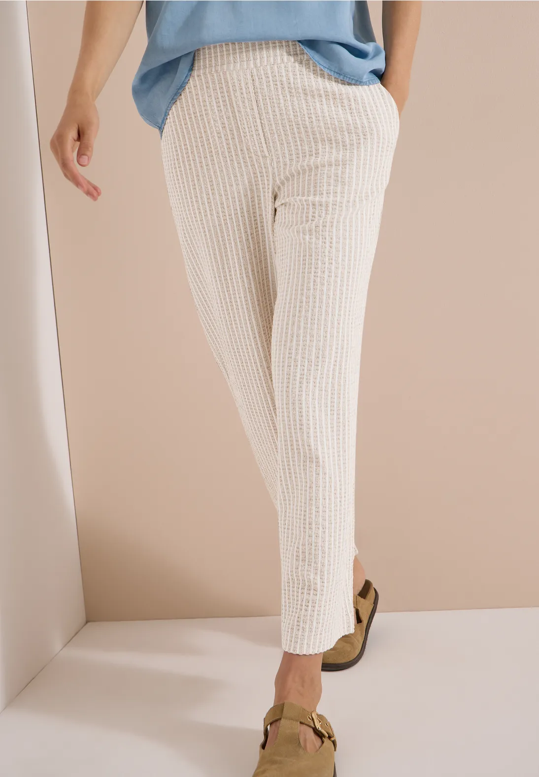 Cecil Wide Leg Seersucker Broek Neele - Grain Beige