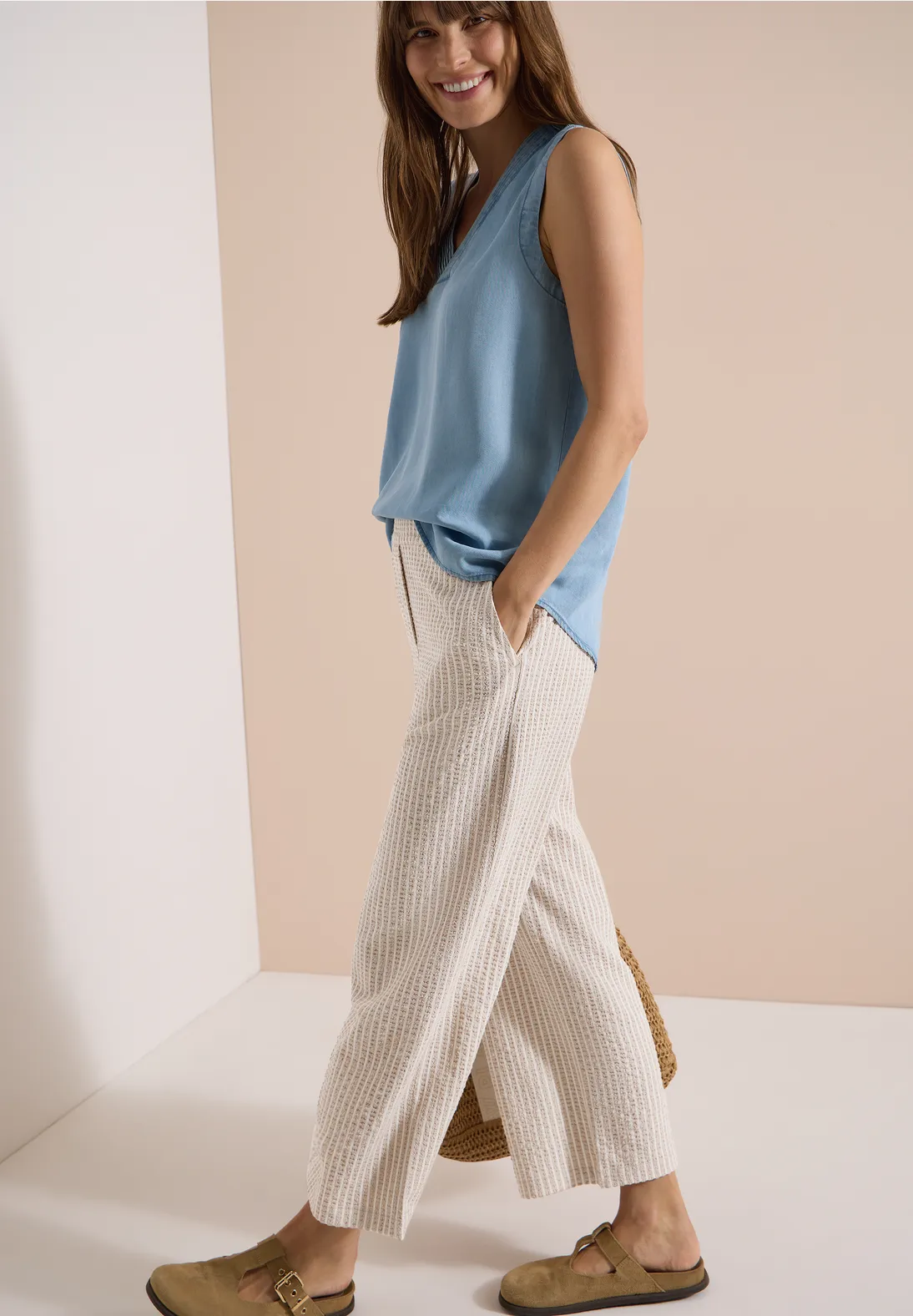 Cecil Wide Leg Seersucker Broek Neele - Grain Beige