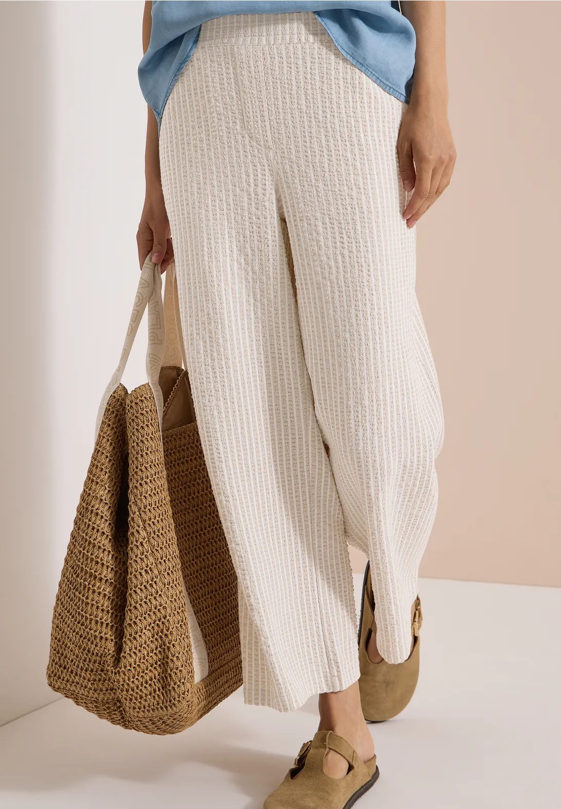 Cecil Wide Leg Seersucker Broek Neele - Grain Beige