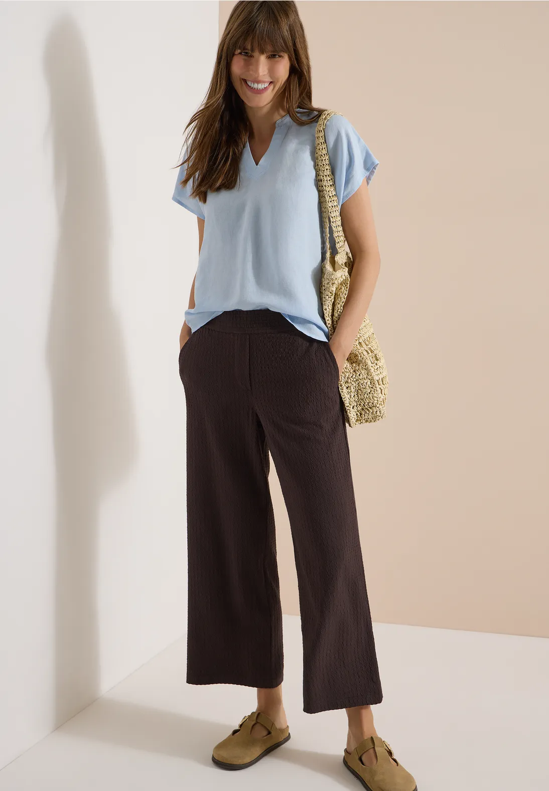 Cecil Wide Leg Broek Seersucker Neele - Brown Cacao