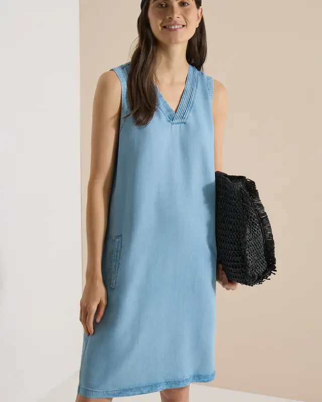 Cecil Kleid mit V-Neck - Light Blue Used Wash