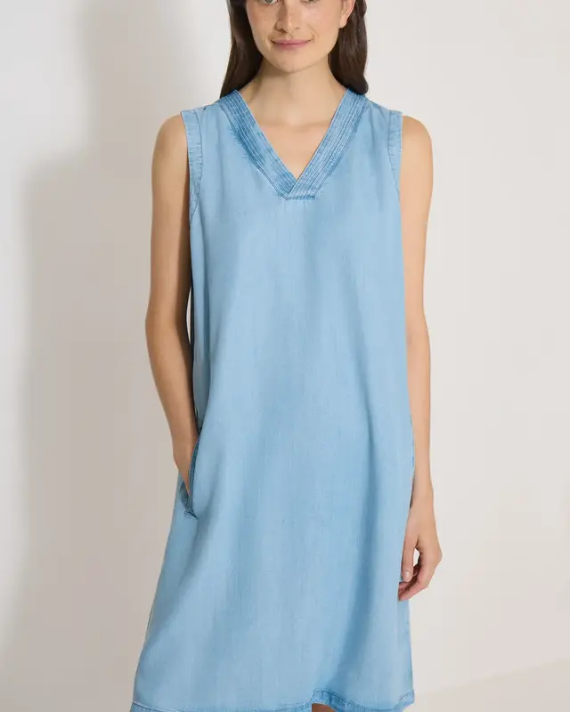 Cecil Kleid mit V-Neck - Light Blue Used Wash