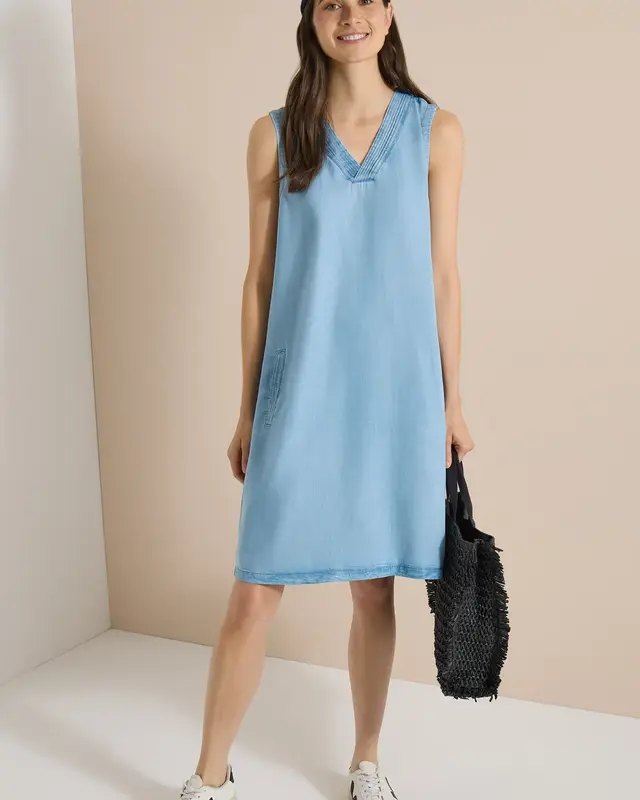 Cecil Kleid mit V-Neck - Light Blue Used Wash