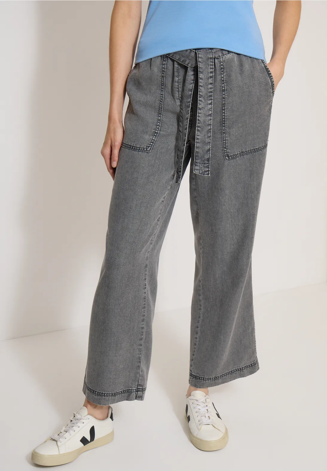 Cecil Wide Leg Broek Neele Strikriem - Mid Grey Random Wash