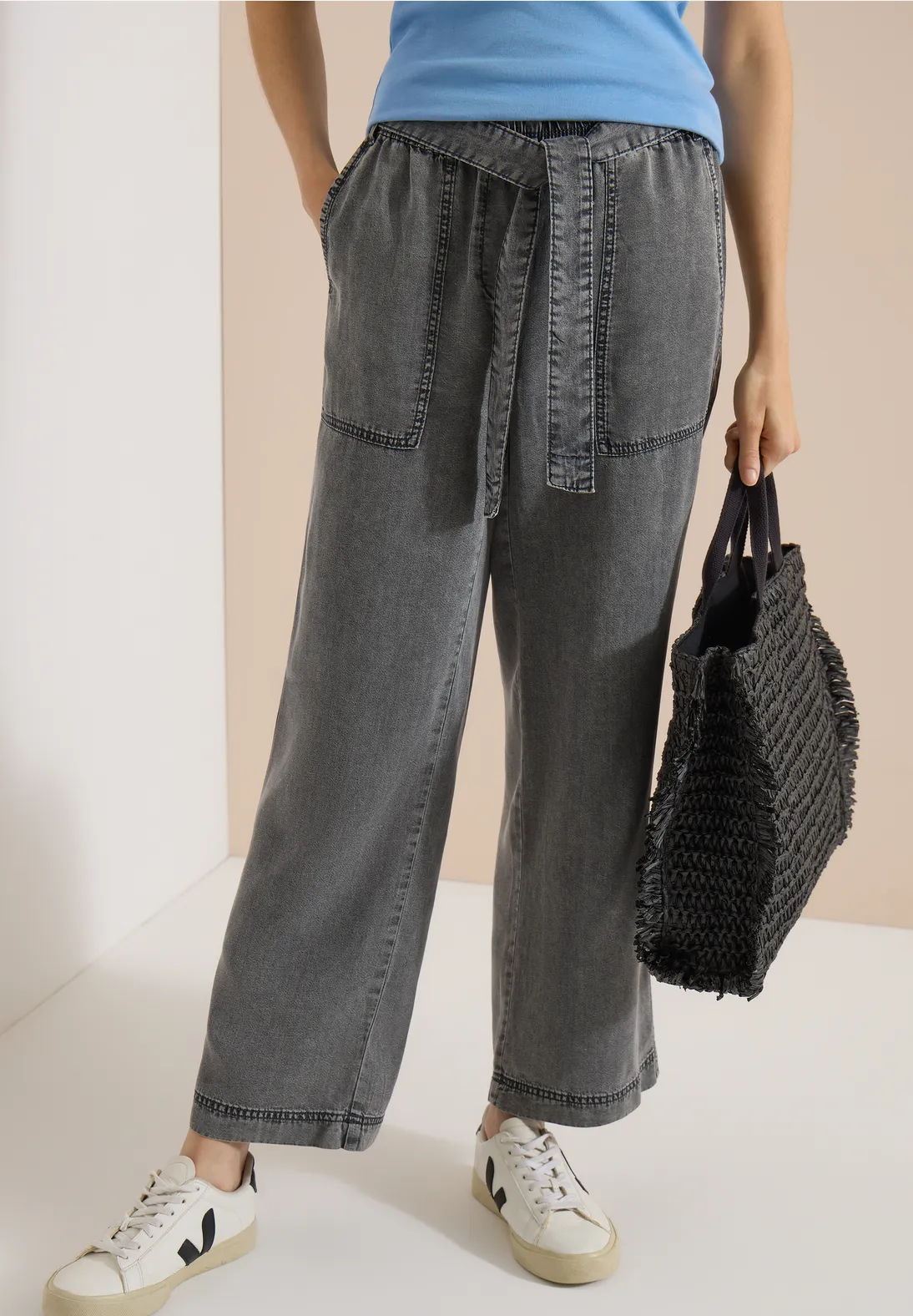 Cecil Wide Leg Broek Neele Strikriem - Mid Grey Random Wash