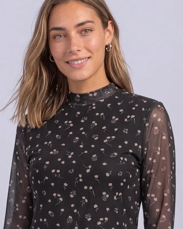Street One Mesh Shirt mit Print - Black Coffee