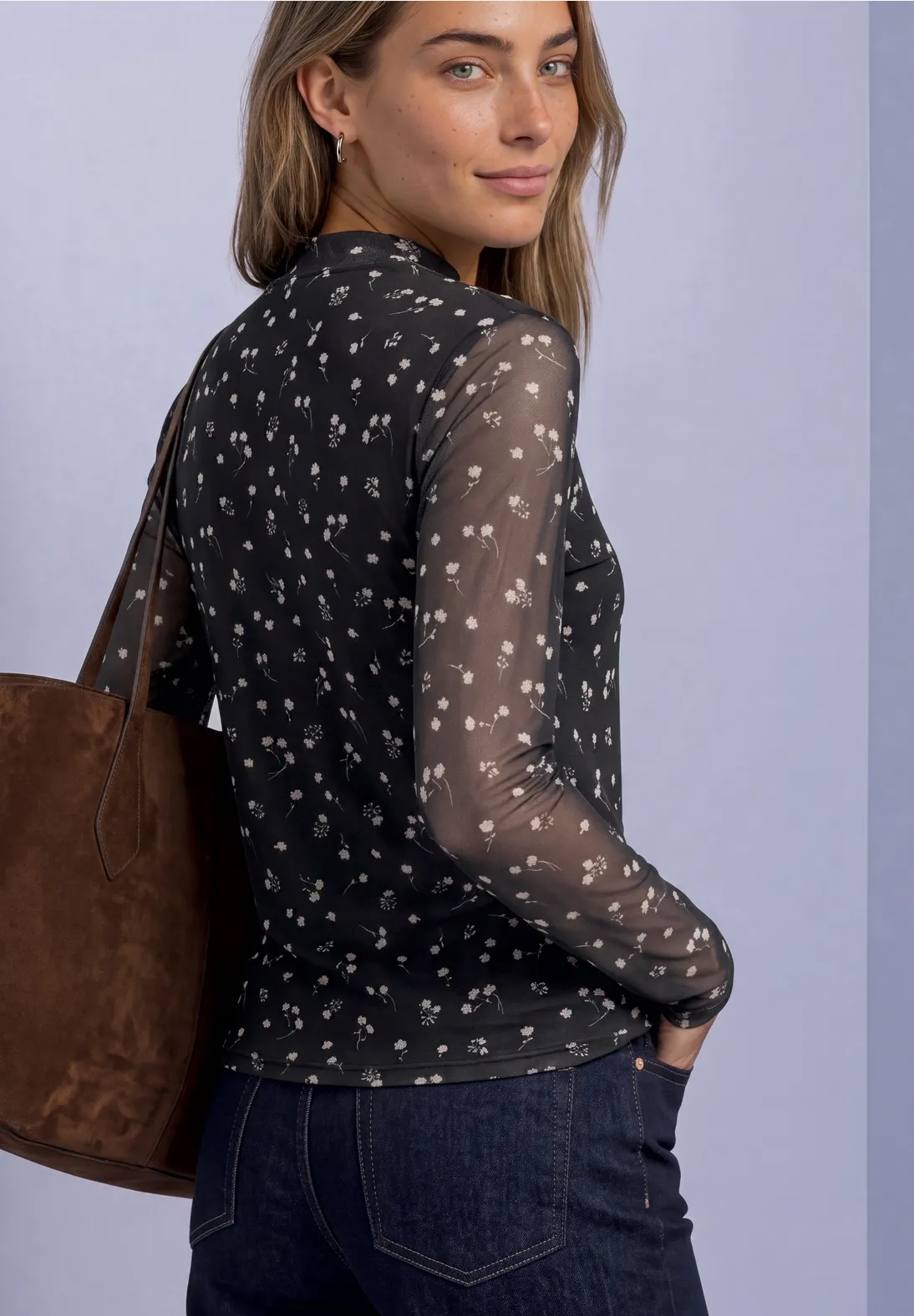 Street One Mesh Shirt met Print - Black Coffee