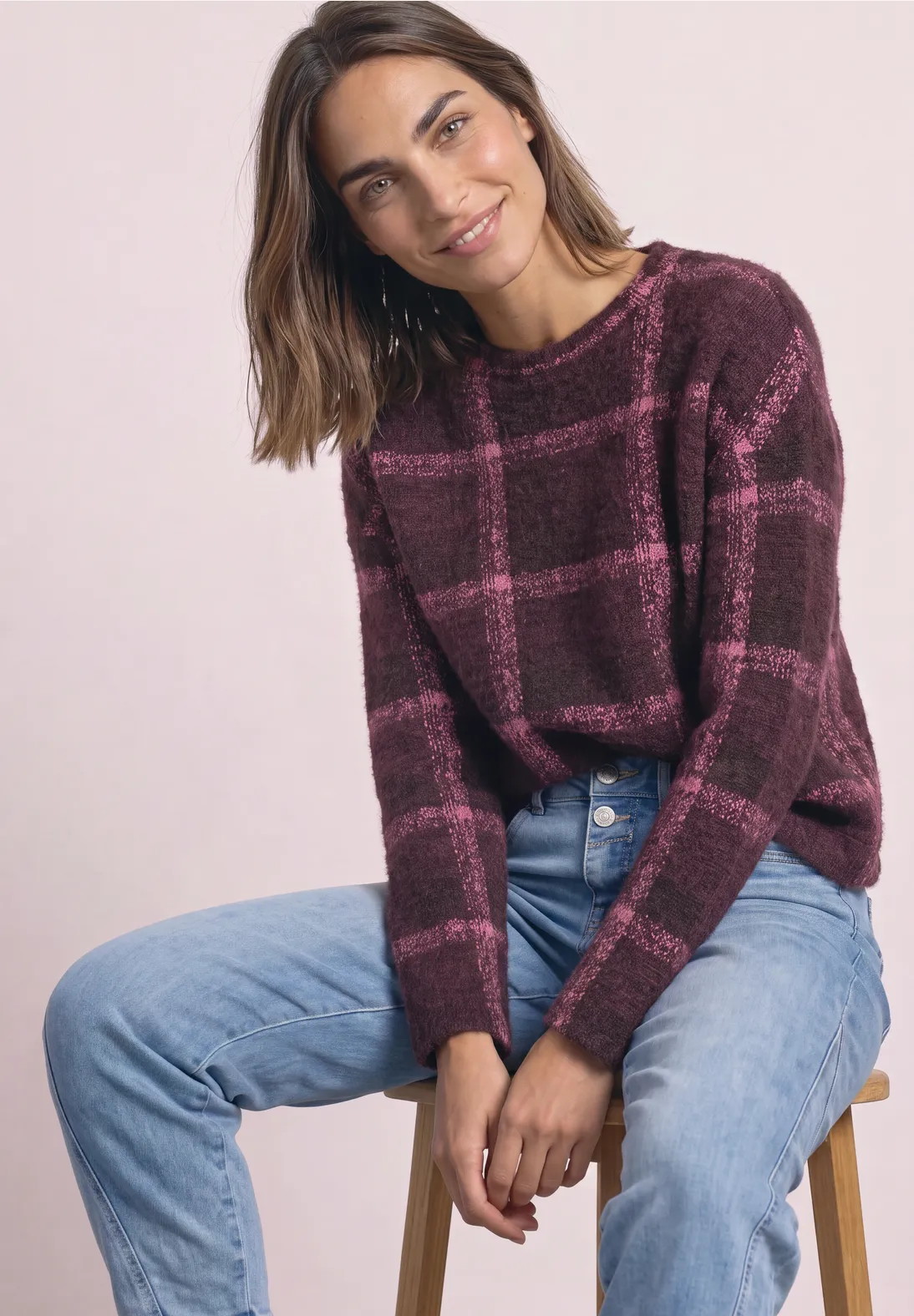 Street One Shirt Lange Mouw, Ruitprint - Rustic Rouge