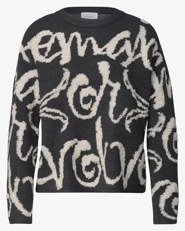 Street One Studio Trui met Jacquard Tekst - Inked Grey Melange