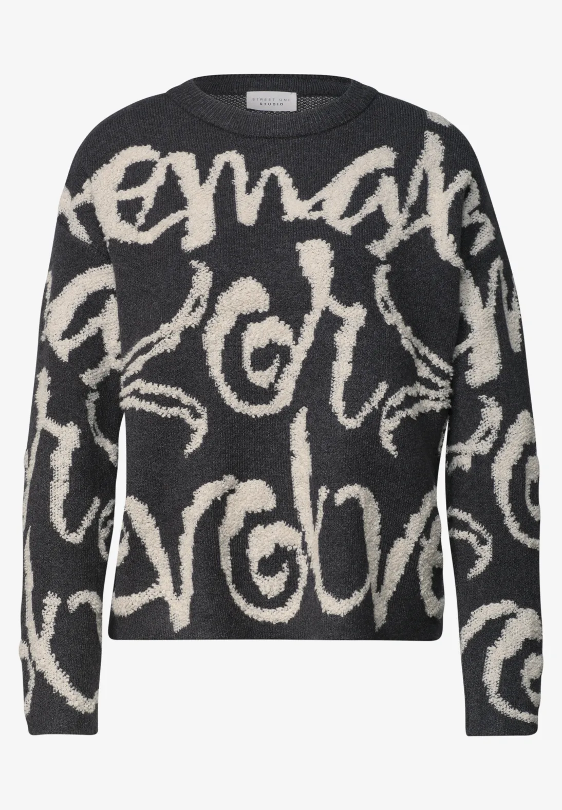 Street One Studio Pullover mit Jacquard Wording - Inked Grey Melange