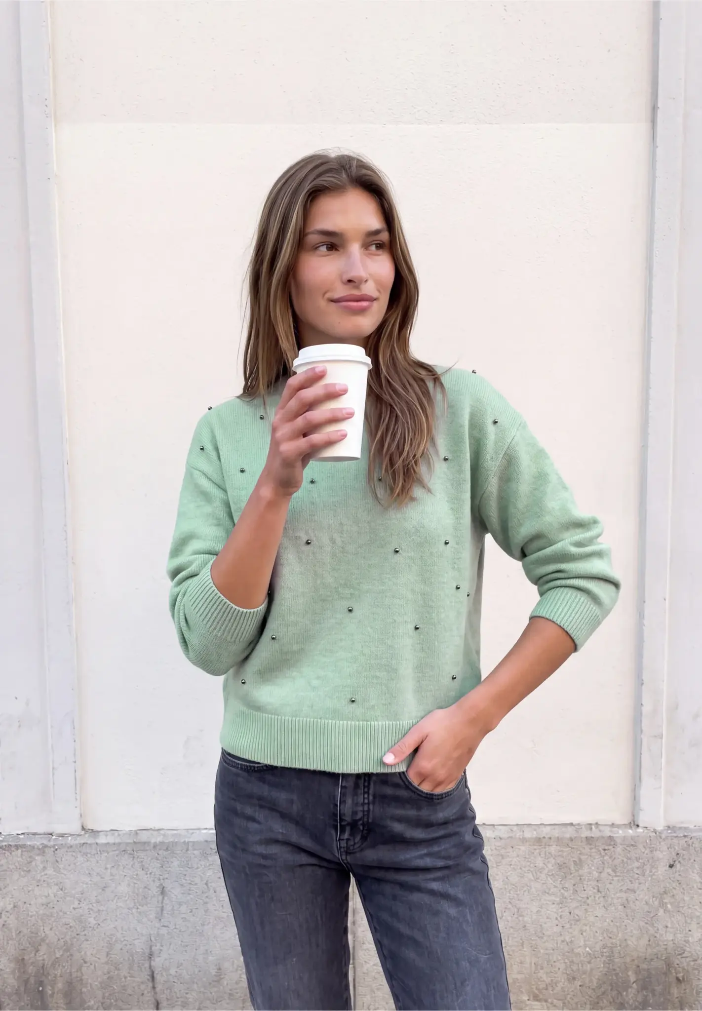 Street One Studio Jumper with Pearl Details - Grayed Mint Melange