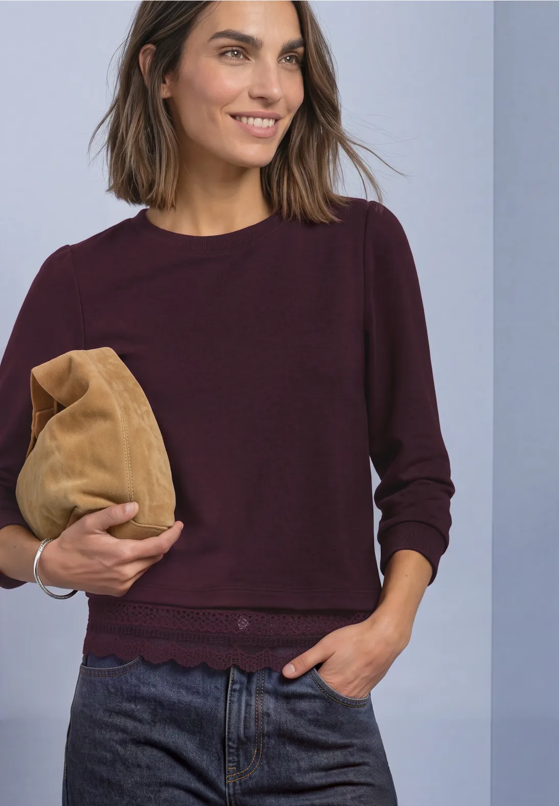 Street One Shirt with Lace Hem - Rustic Rouge