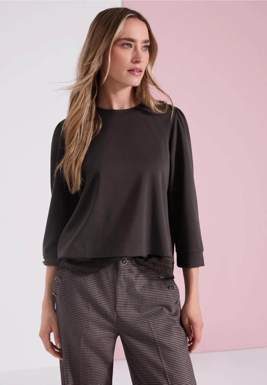 Street One Shirt with Lace Hem - Black Coffee