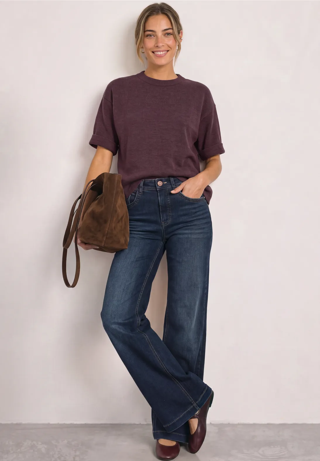 Street One Jumper with 3/4-Sleeve - Rustic Rouge Melange