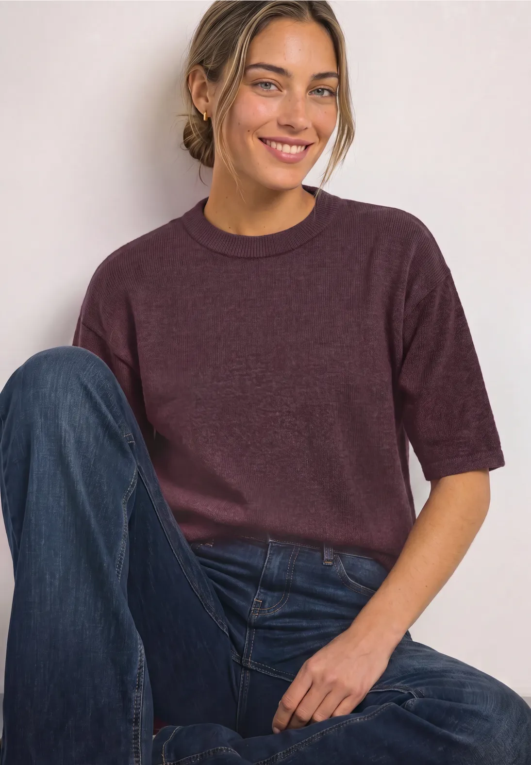 Street One Jumper with 3/4-Sleeve - Rustic Rouge Melange