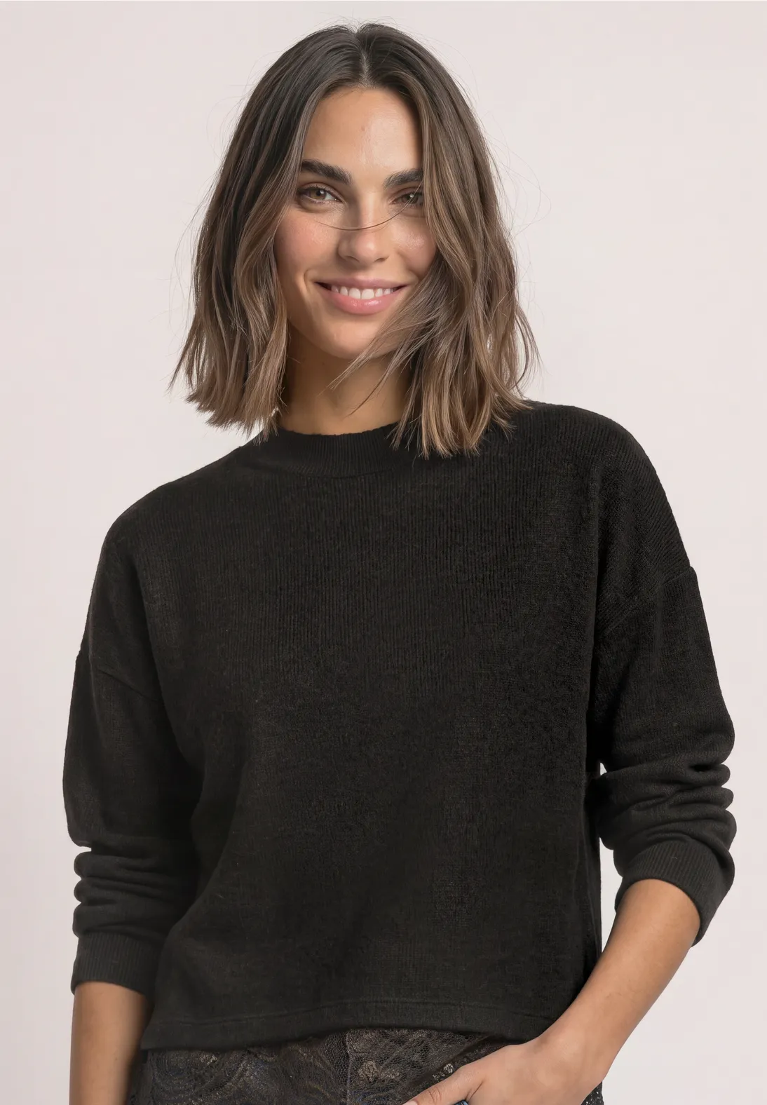 Street One Shirt met Kanten Rand - Black Coffee Melange