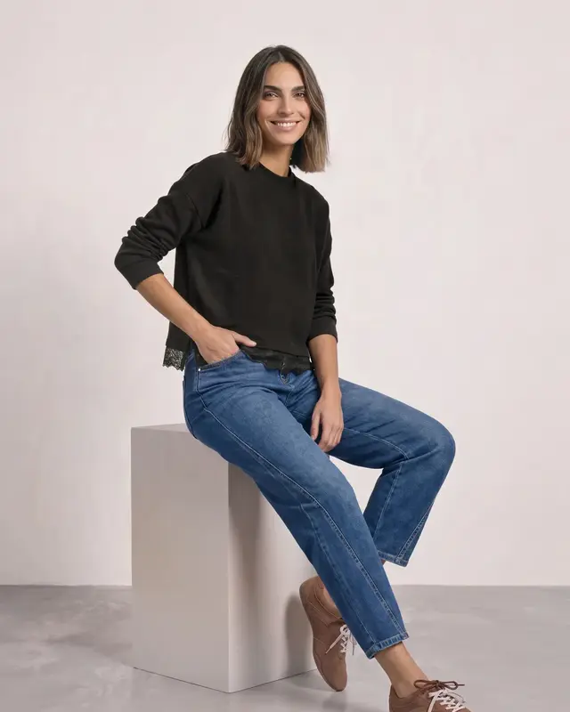 Street One Shirt met Kanten Rand - Black Coffee Melange