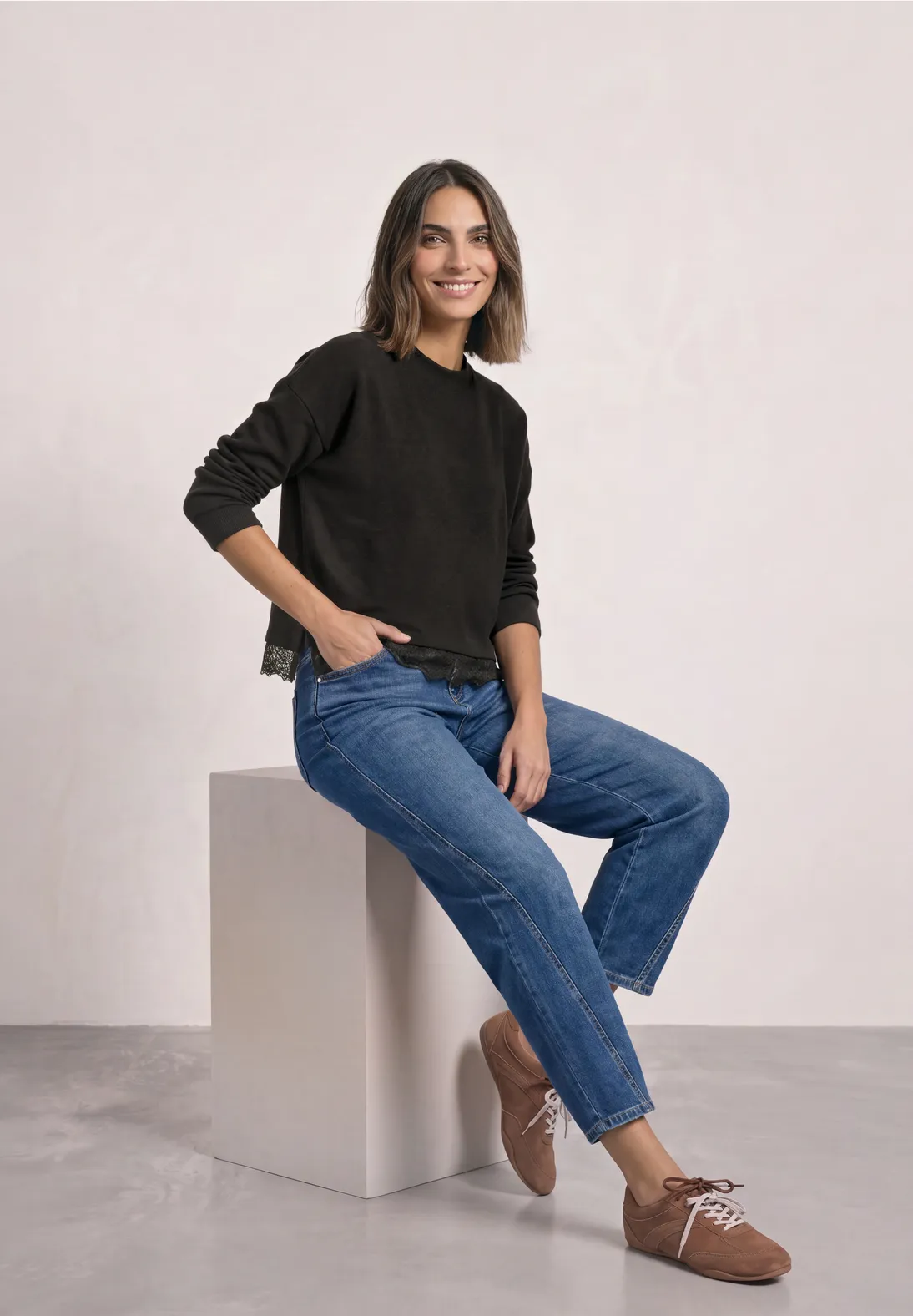 Street One Shirt with Lace Insert - Black Coffee Melange