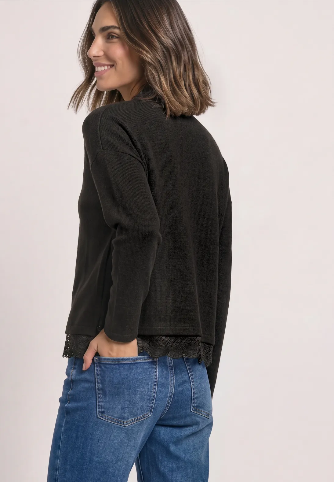 Street One Shirt met Kanten Rand - Black Coffee Melange