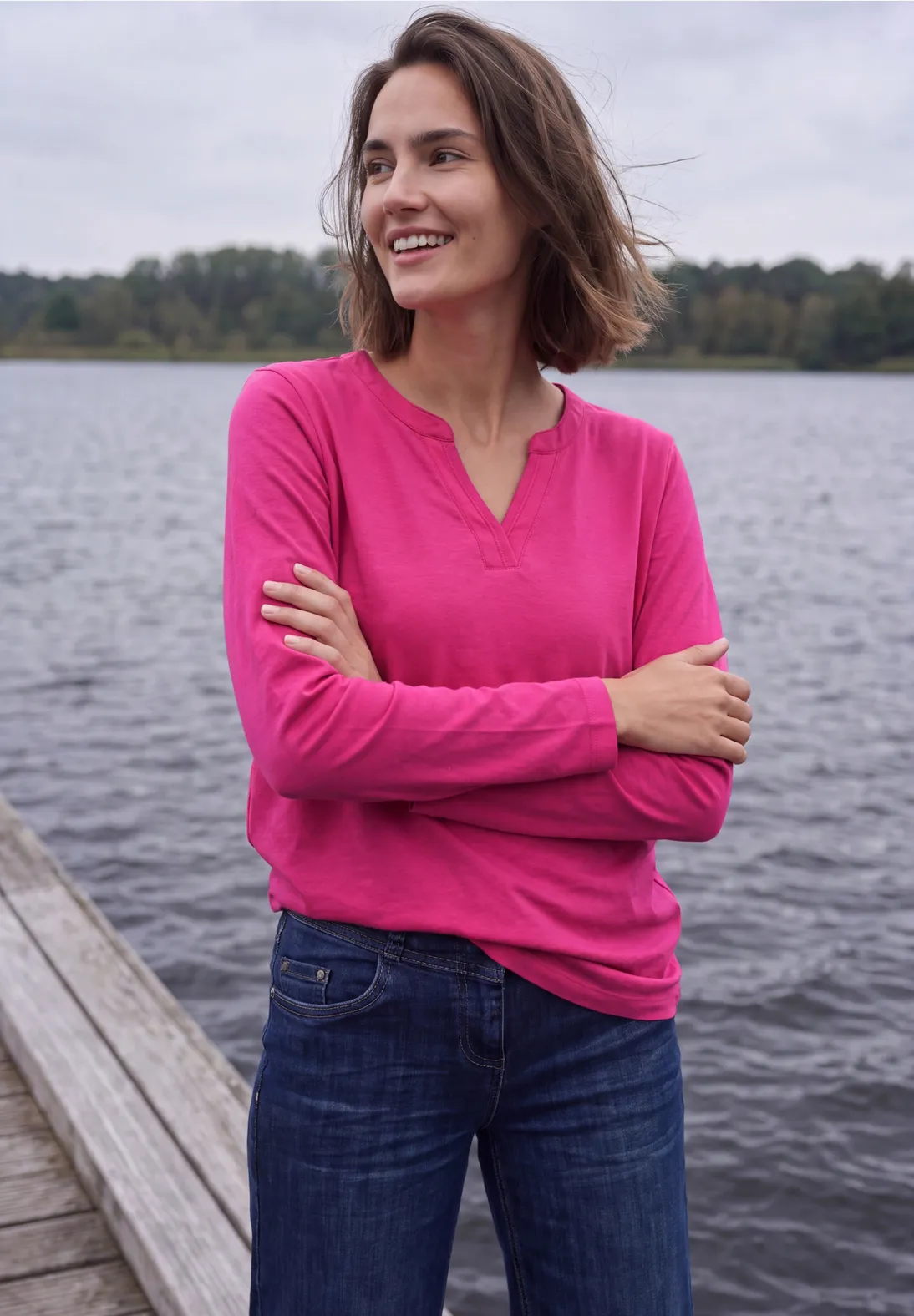 Cecil Shirt met Split Hals - Pink Flash